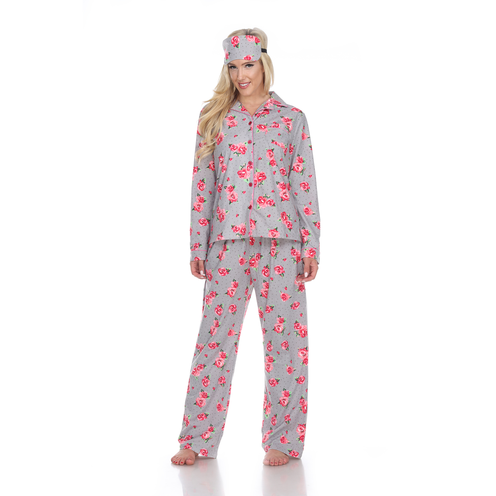White Mark Women's Three-Piece Pajama Set - Grey Rose, 3X