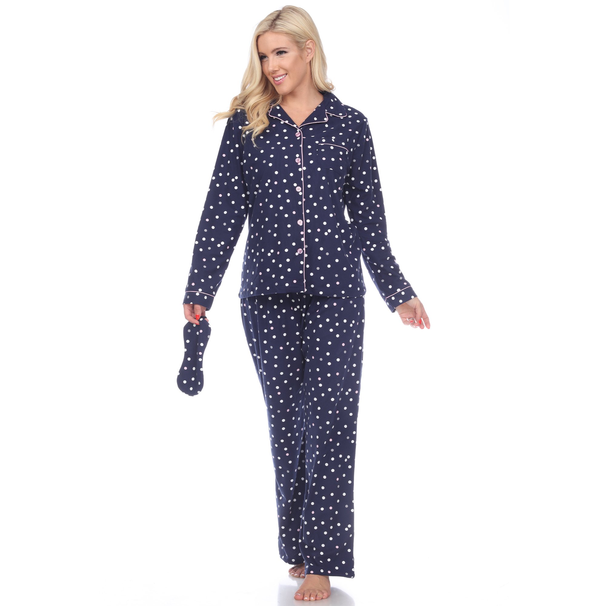 White Mark Women's Three-Piece Pajama Set - Navy Polka Dots, 1X
