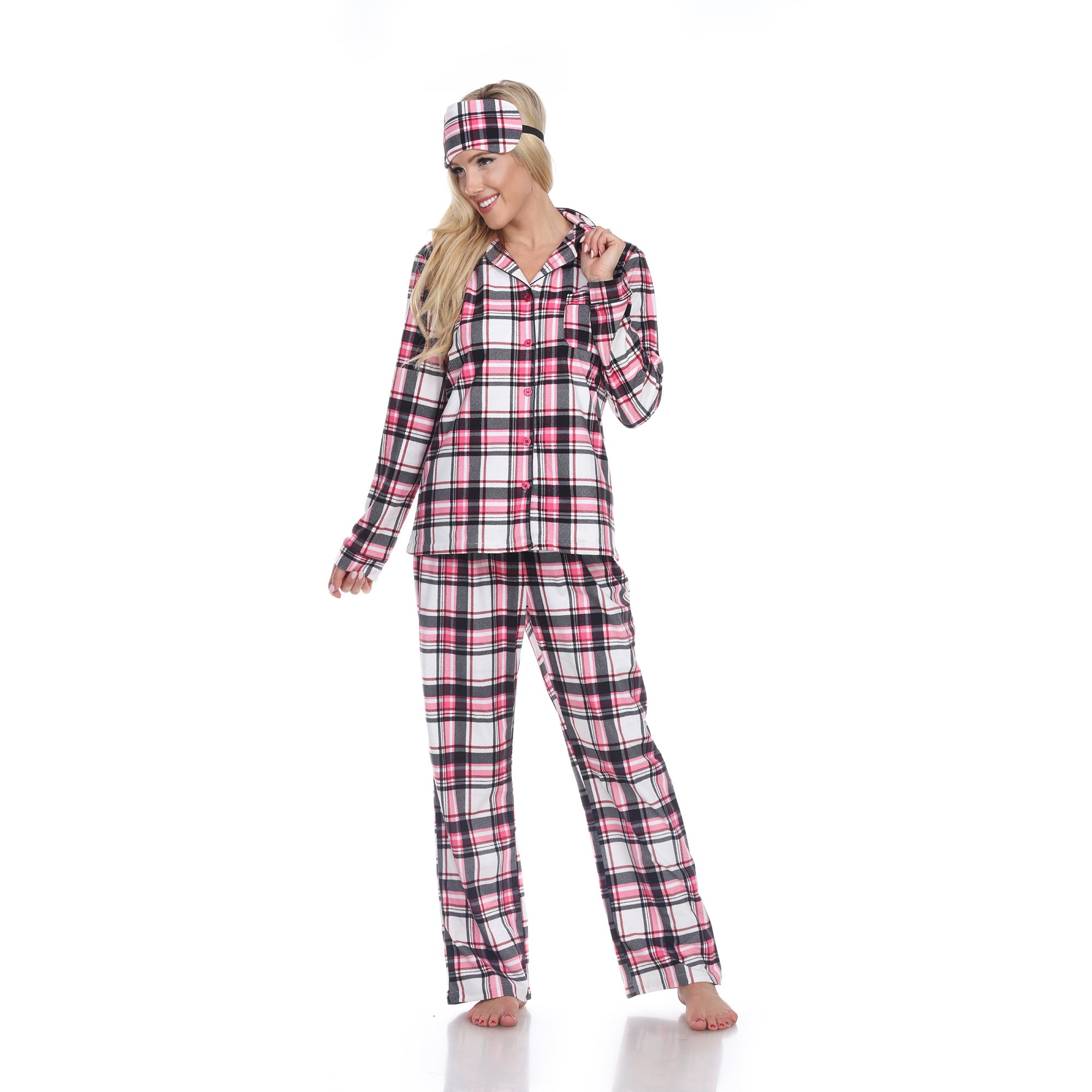 White Mark Women's Three-Piece Pajama Set - Pink Plaid, 1X