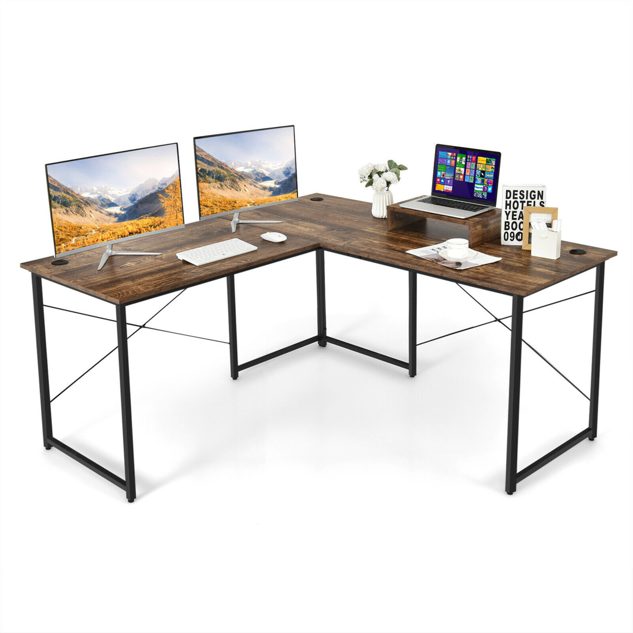 L-Shaped Reversible Computer Desk 2-Person Long Table W/Monitor Stand - Rustic Brown