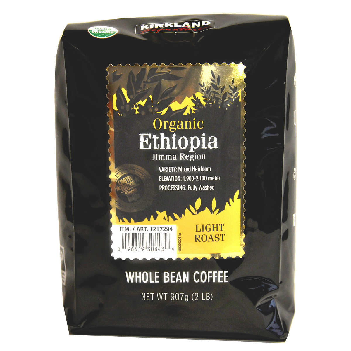 Kirkland Signature Organic Ethiopia Whole Bean Coffee, Light Roast (32 Ounce)