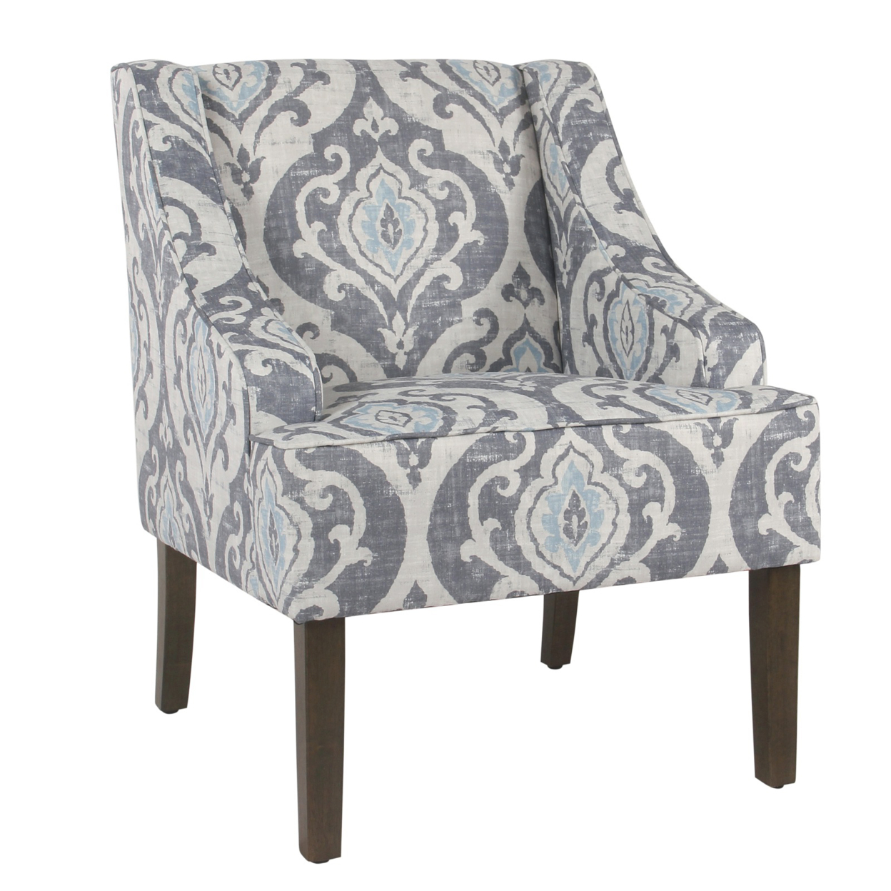 Fabric Upholstered Wooden Accent Chair With Swooping Armrests And Damask Pattern Design, Multicolor- Saltoro Sherpi