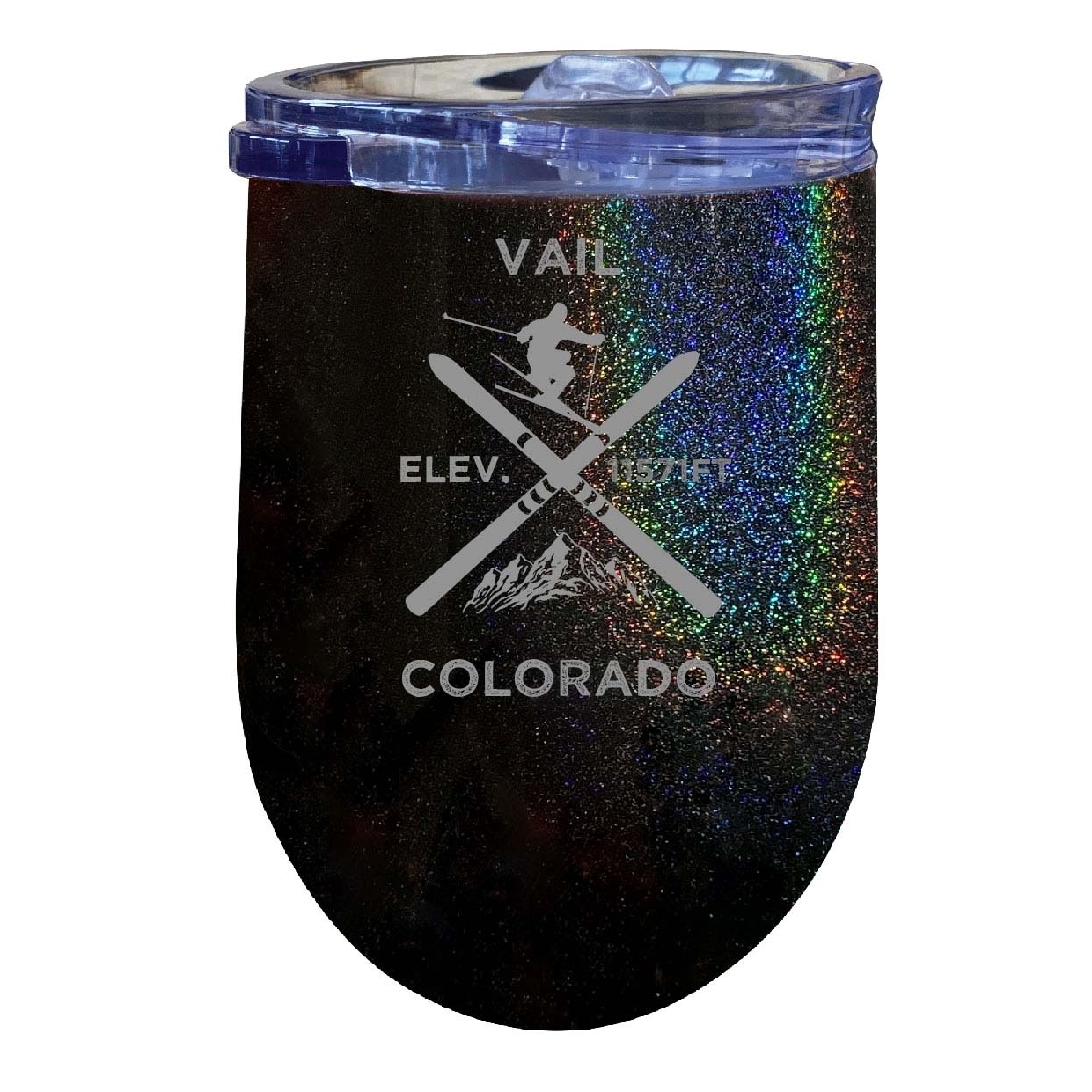 Vail Colorado Ski Souvenir 12 Oz Laser Etched Insulated Wine Stainless Steel Tumbler - Rainbow Glitter Black