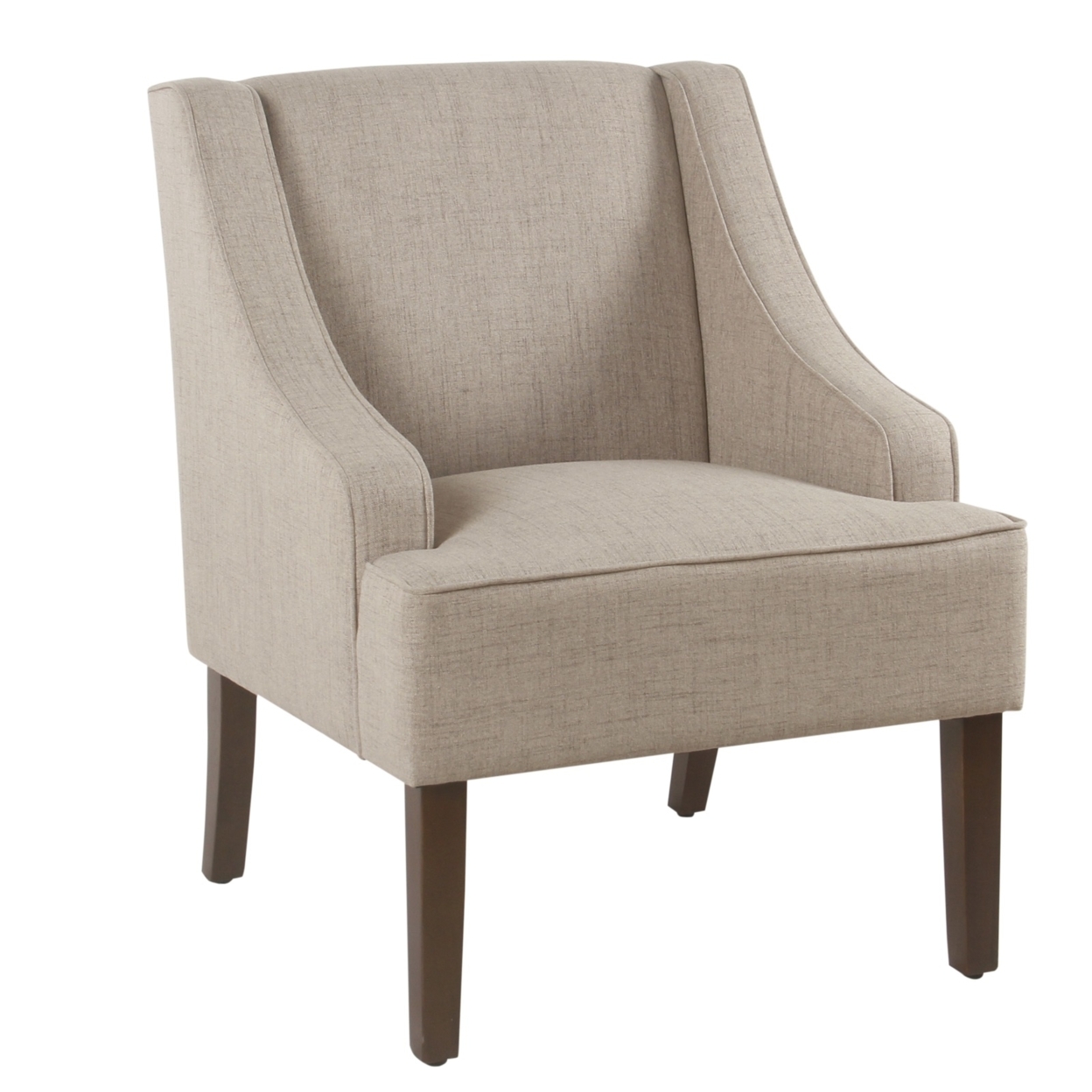 Fabric Upholstered Wooden Accent Chair With Swooping Armrests, Beige And Brown- Saltoro Sherpi