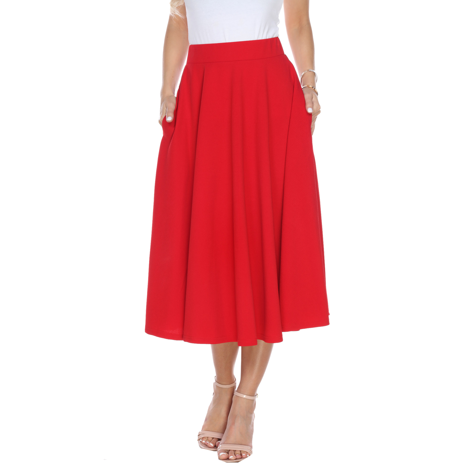 White Mark Womenâs Flared Midi Skirt With Pockets - Red, 3X