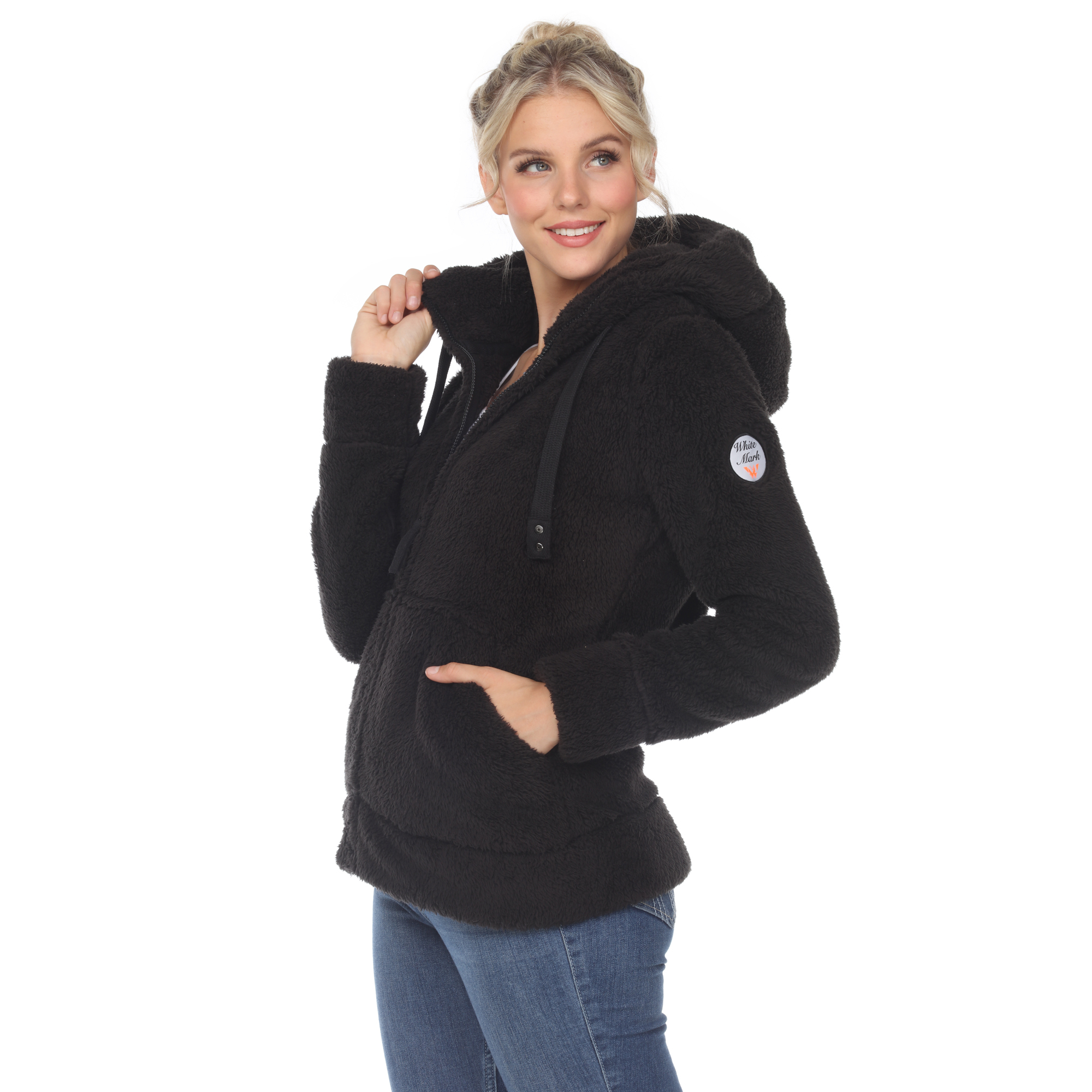 White Mark Womenâs Hooded Sherpa Jacket - Black, X-Large