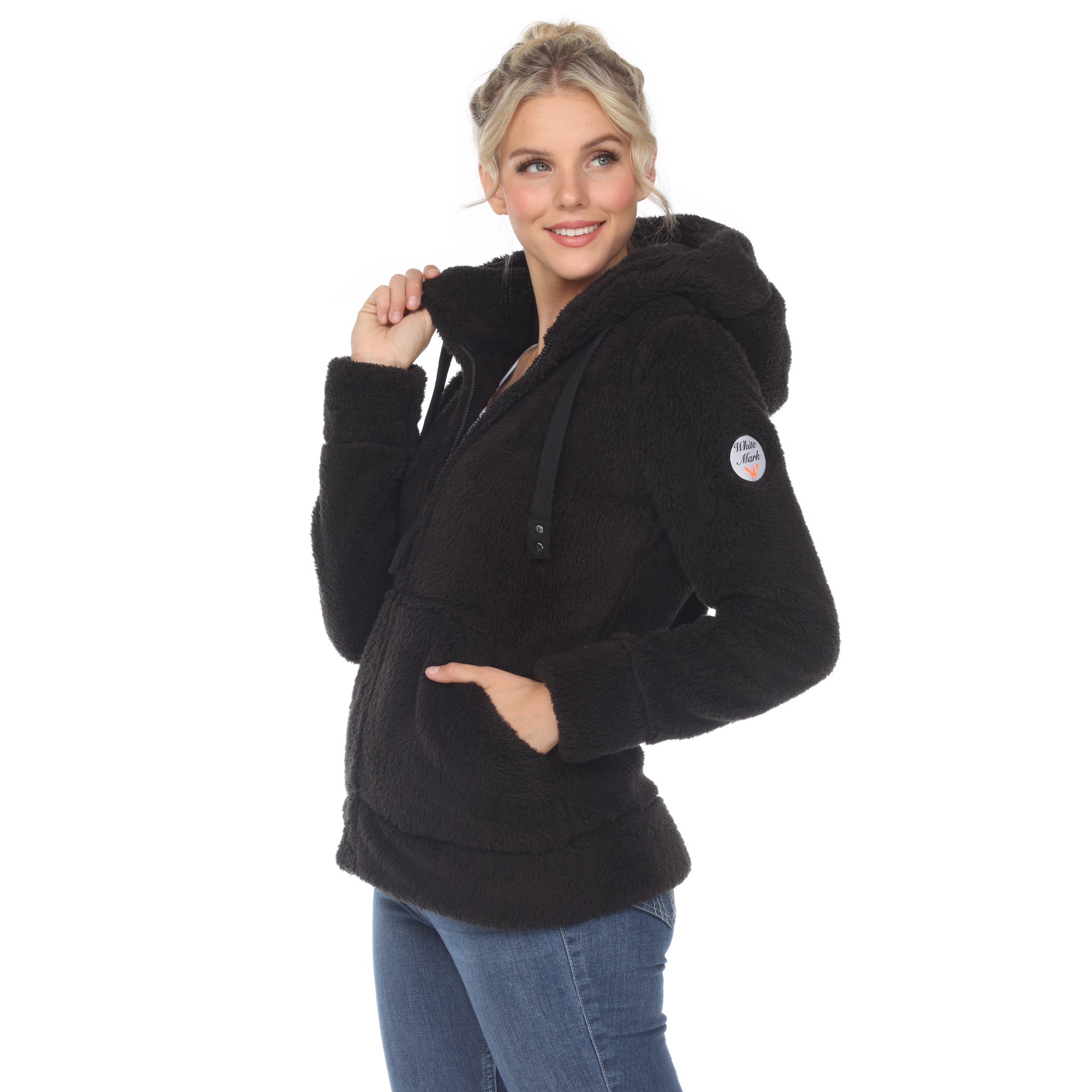 White Mark Womenâs Hooded Sherpa Jacket - Black, 2X