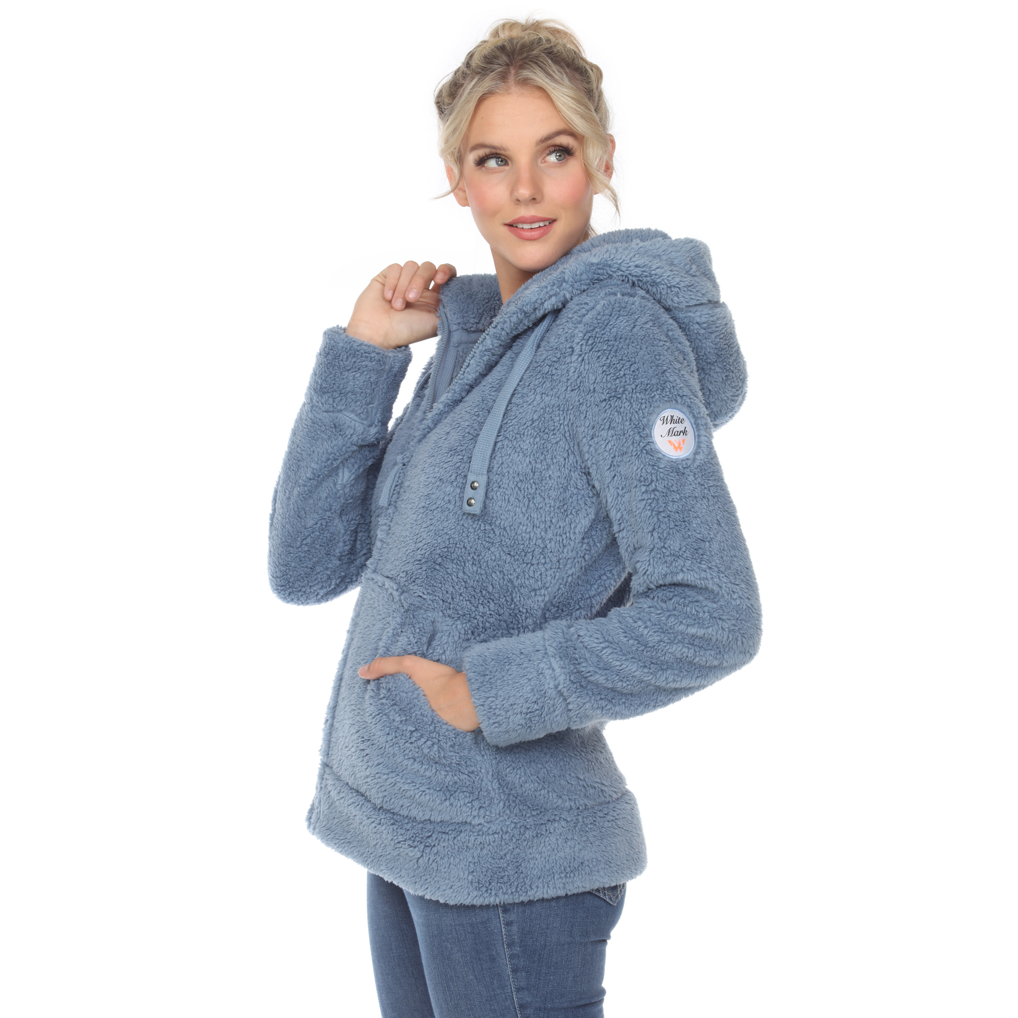 White Mark Womenâs Hooded Sherpa Jacket - Denim Blue, 3X