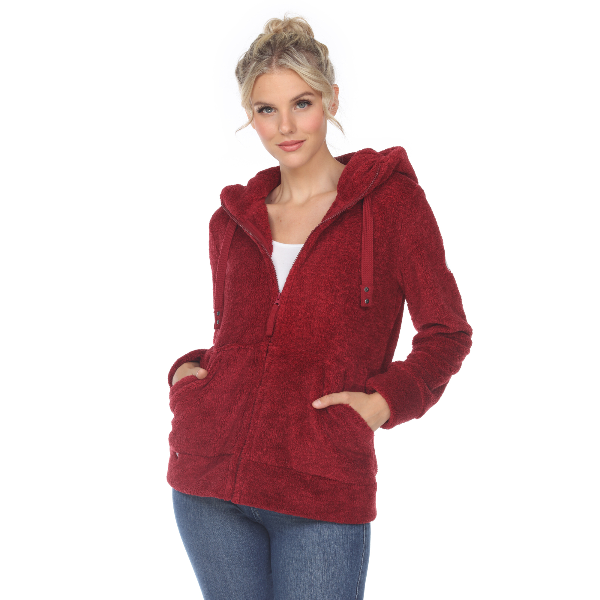 White Mark Womenâs Hooded Sherpa Jacket - Red, 3X