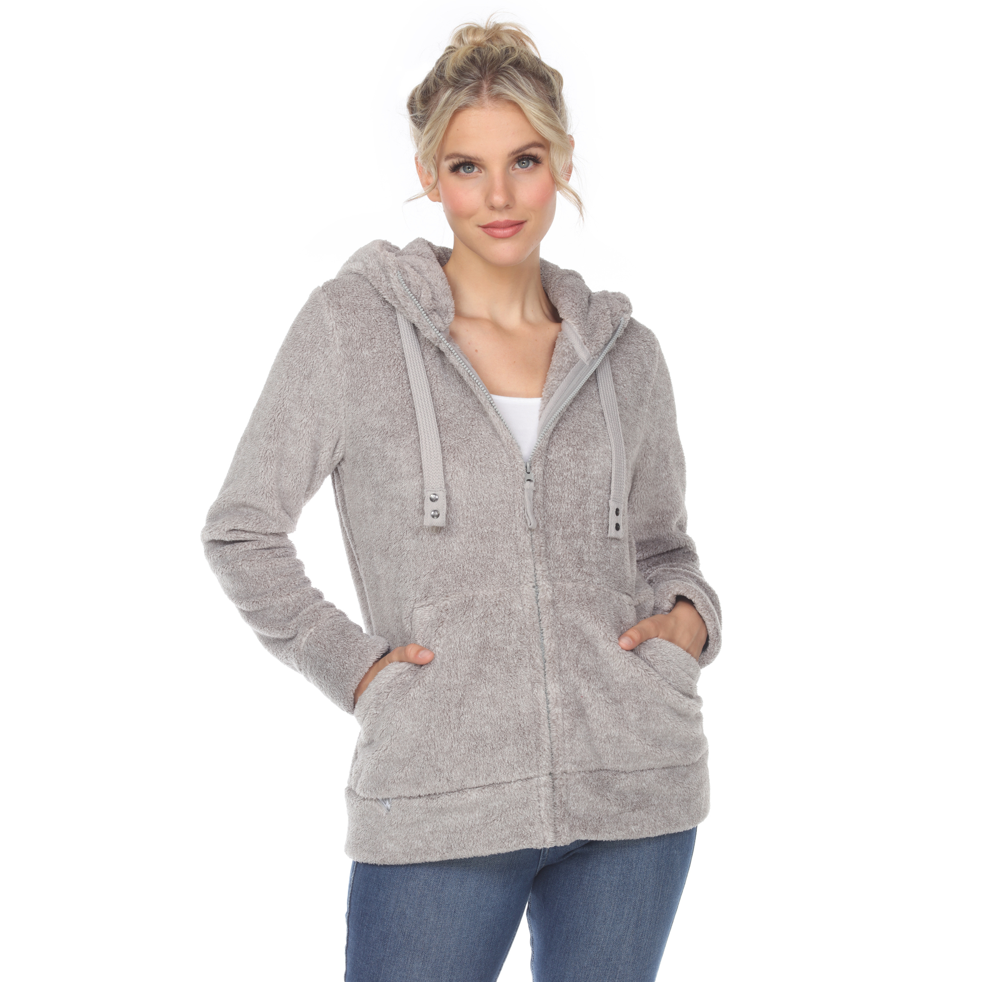 White Mark Womenâs Hooded Sherpa Jacket - Grey, Large