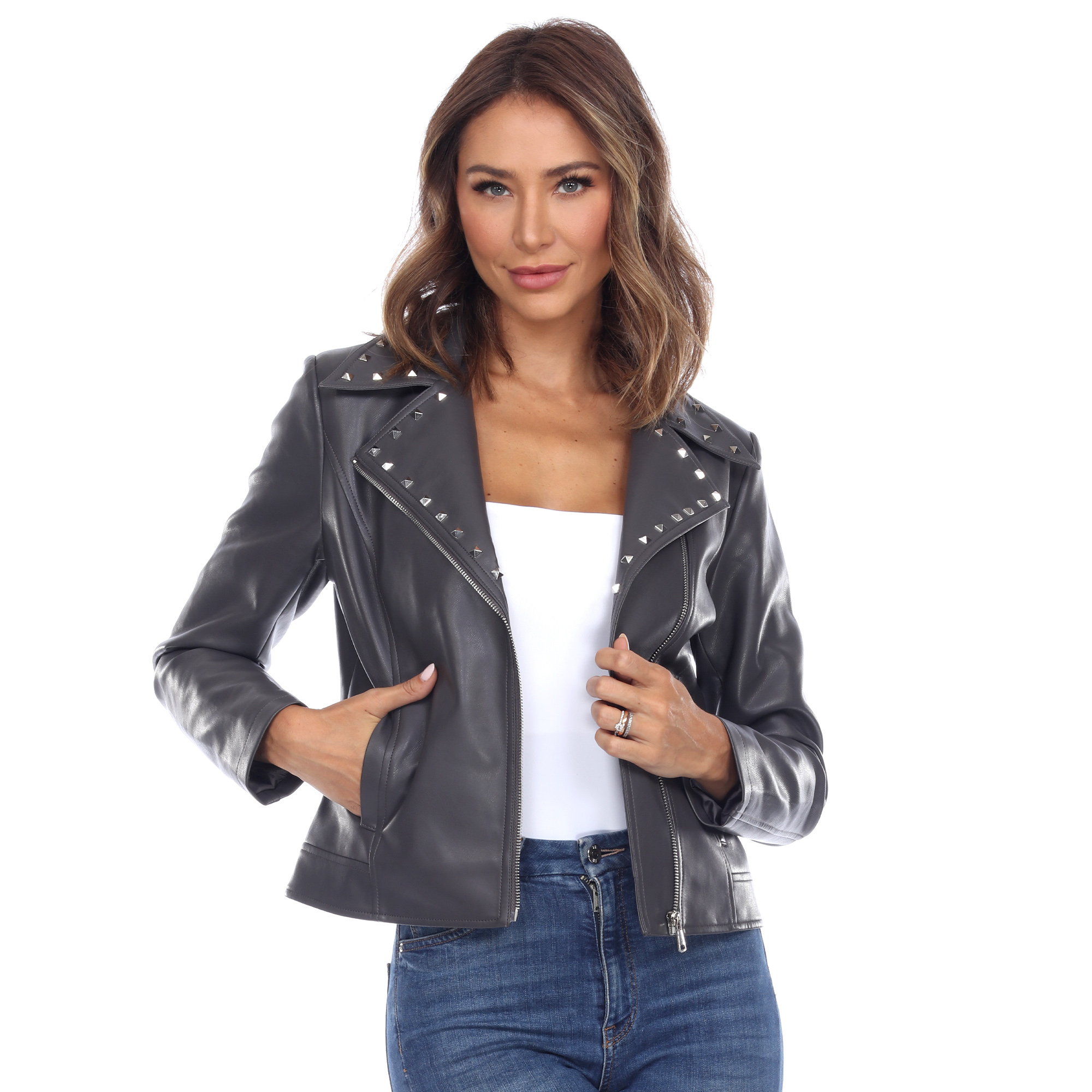 White Mark Womenâs PU Faux Leather Jacket - Grey, Medium