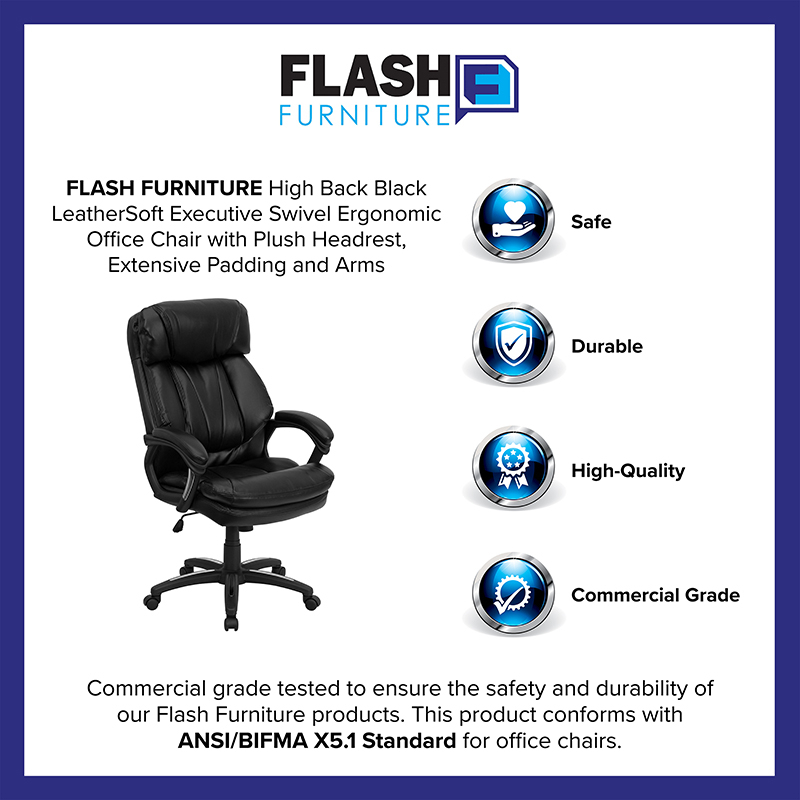 High Back Black LeatherSoft Executive Swivel Ergonomic Office Chair With Plush Headrest, Extensive Padding And Arms