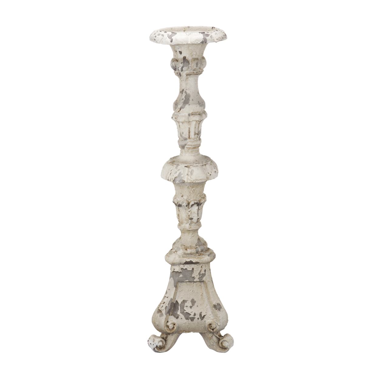 25 Inch Metal Candle Holder, Elegant Turned Pedestal In Distressed White- Saltoro Sherpi