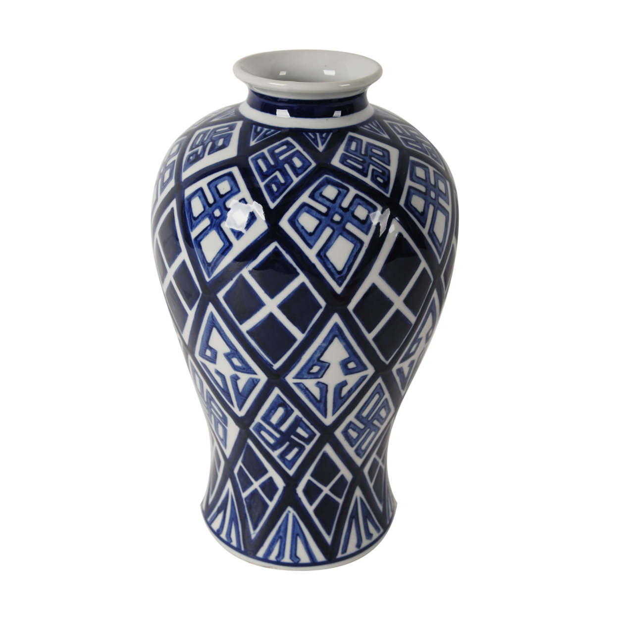 13 Inch Tall Decorative Vase, Classic Lined Print Design, Blue Porcelain- Saltoro Sherpi