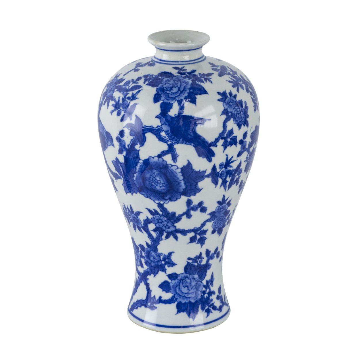 13 Inch Porcelain Vase, Modern, Blue Persian Print, Tall Round Curved- Saltoro Sherpi