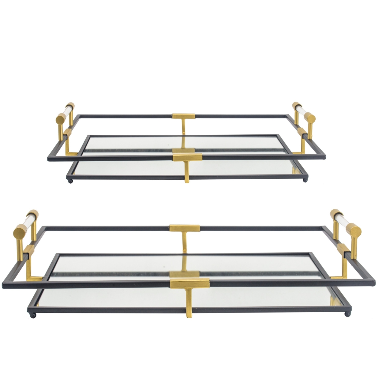 21, 27 Inch Set Of 2 Decorative Trays With Mirror, Modern Frame, Gold, Black- Saltoro Sherpi