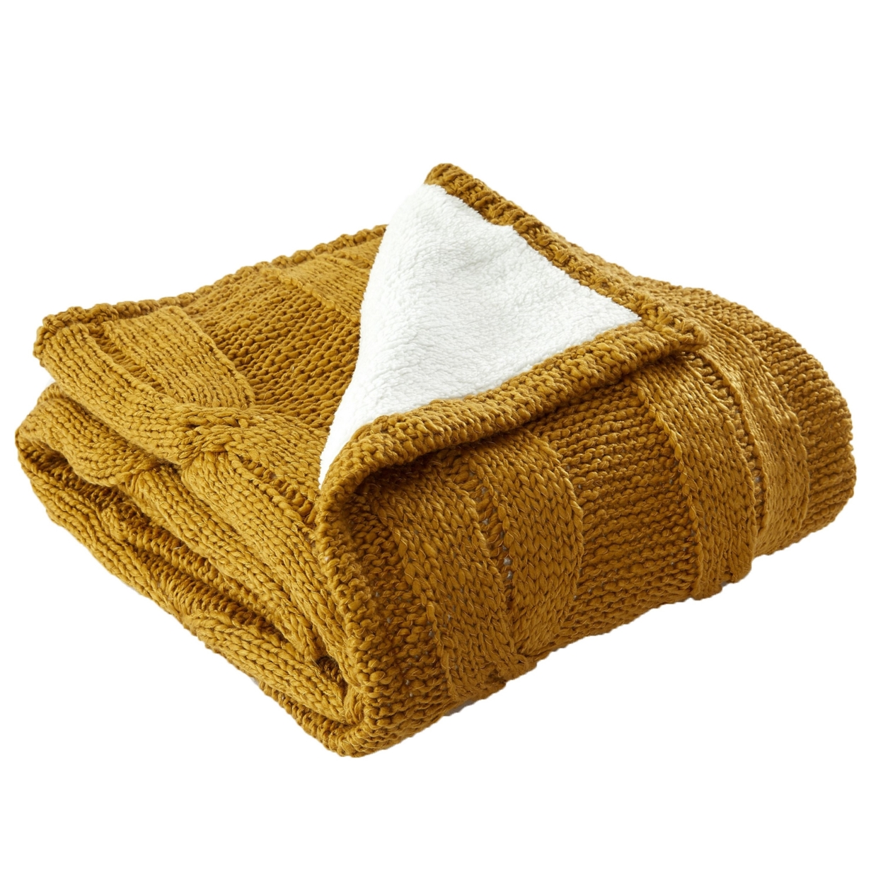 Lois 50 X 60 Throw Blanket With Cable Knit And Sherpa, Acrylic, Gold, White- Saltoro Sherpi
