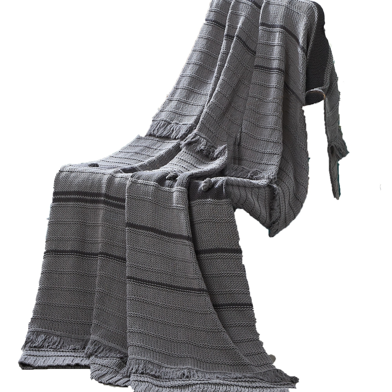 Kai 50 X 70 Throw Blanket With Fringes, Soft Knitted Cotton, Gray- Saltoro Sherpi