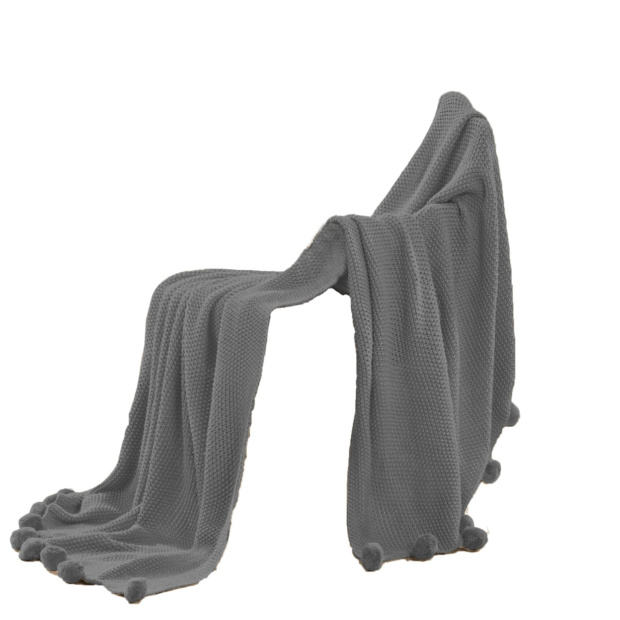 Nick 50 X 70 Soft Throw Blanket, Acrylic Knit, Pom Pom Accents, Stone Gray- Saltoro Sherpi