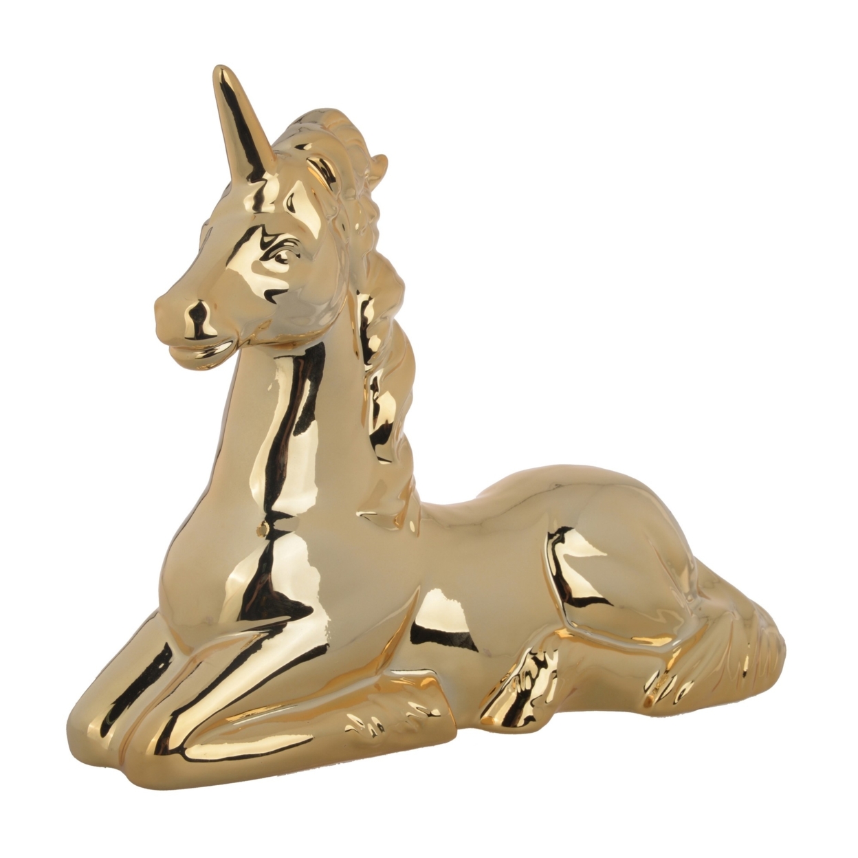 11 Inch Sitting Unicorn Figurine, Ceramic Statuette In Gold Metallic Finish- Saltoro Sherpi