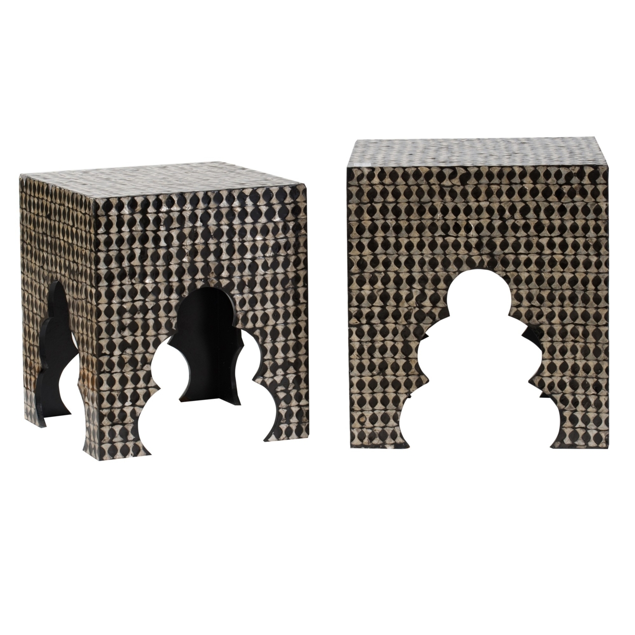 Lez 18, 20 Inch Capiz Accent Table Stool Set Of 2, Black, Pearl Mosaic Look- Saltoro Sherpi