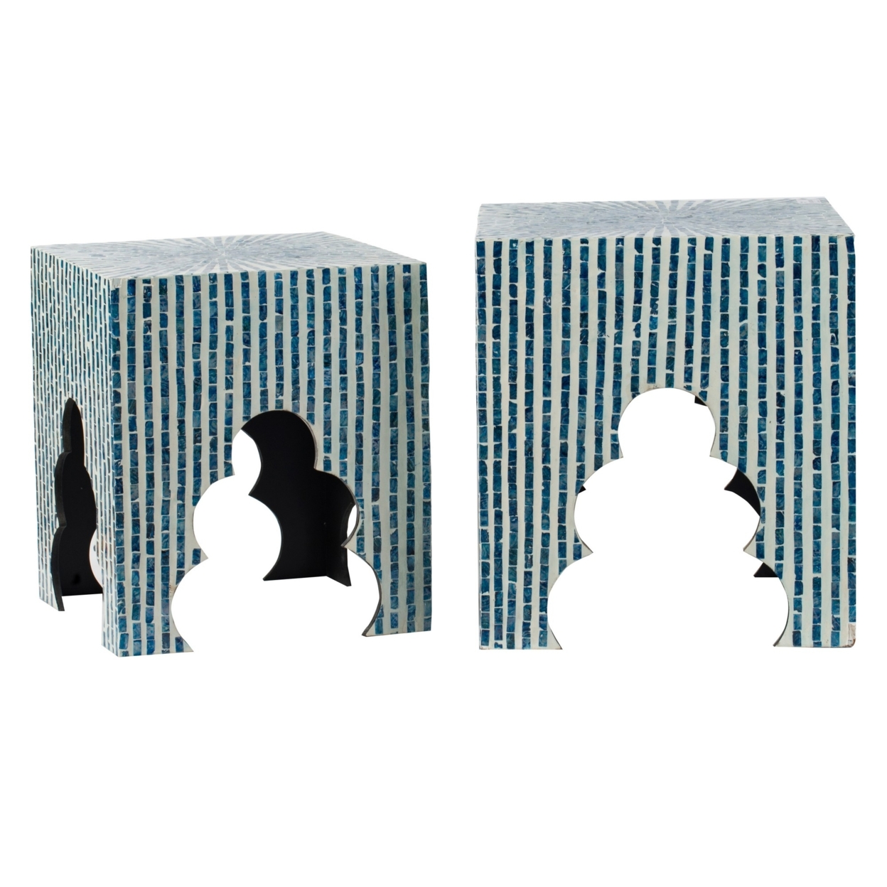 Lez 18, 20 Inch Capiz Accent Table Stool, Set Of 2, Blue, White Mosaic Look- Saltoro Sherpi