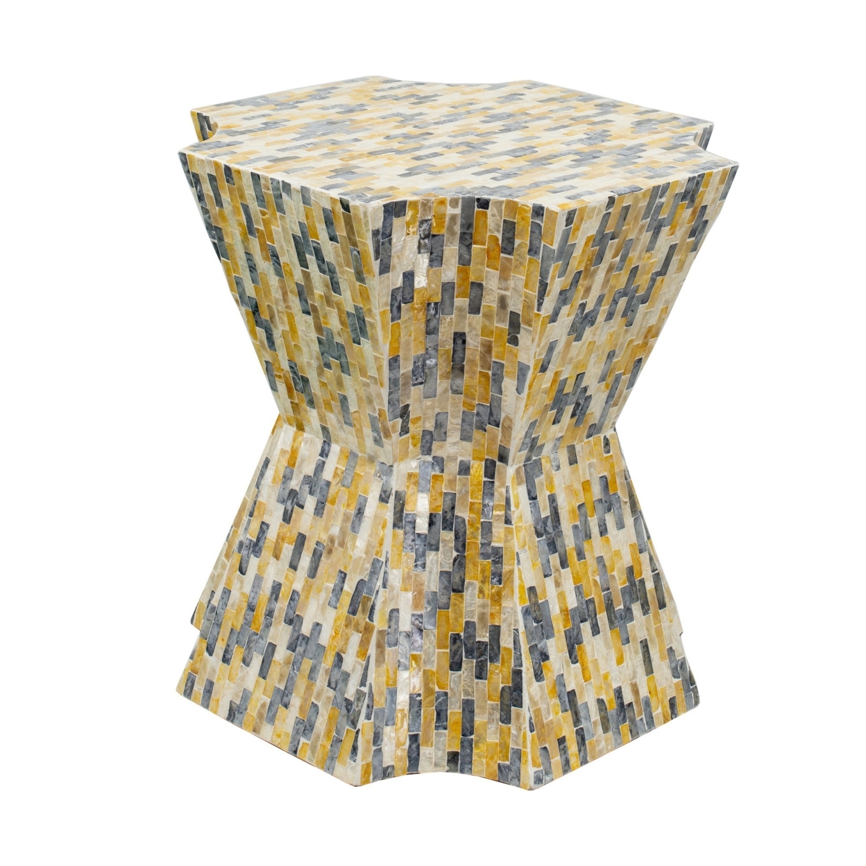 18 Inch Modern Capiz Accent Table Stool, Yellow, Blue Mosaic Pattern- Saltoro Sherpi
