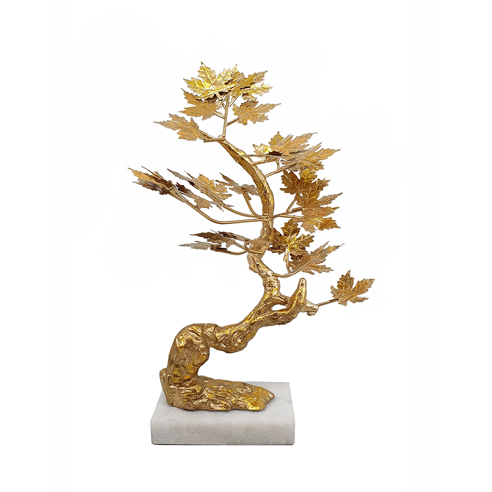17 Inch Maple Tree Accent Decor With Leaves, Metal On A Marble Base, Gold- Saltoro Sherpi