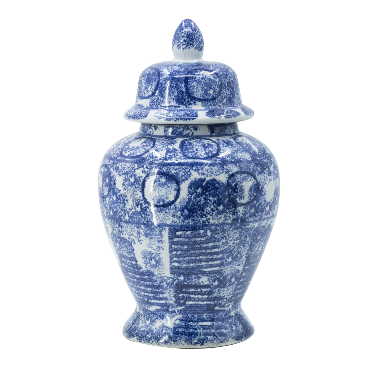 17 Inch Tall Ginger Jar, Abstract Design Over Blue And White Porcelain- Saltoro Sherpi