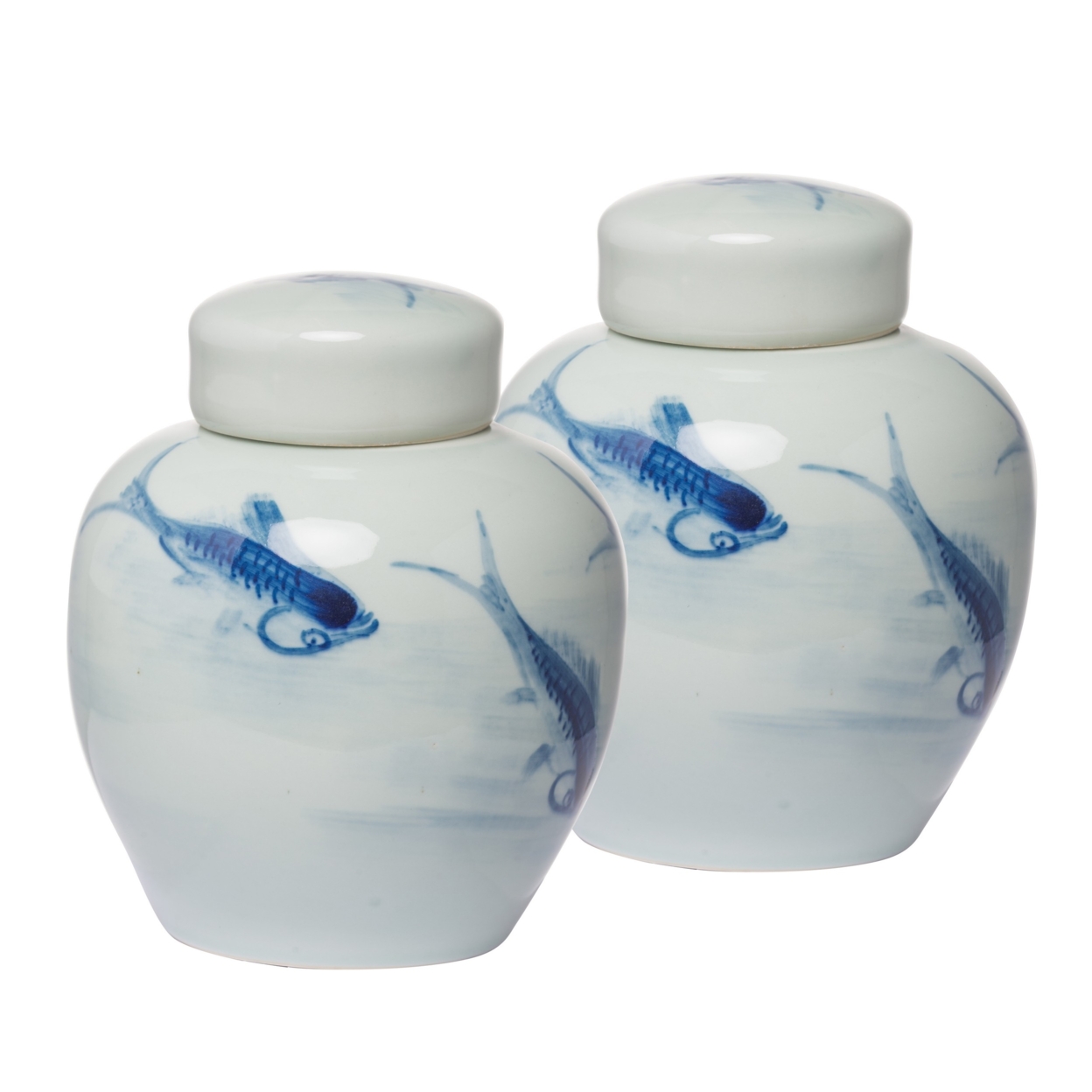 8 Inch Lidded Ginger Jar, Painted Koi Fish, White Blue Porcelain, Set Of 2- Saltoro Sherpi