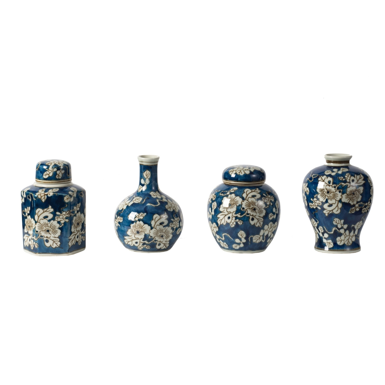 Set Of 4 Lidded Jars And Vases, Classic Curved Round Blue And White Ceramic- Saltoro Sherpi