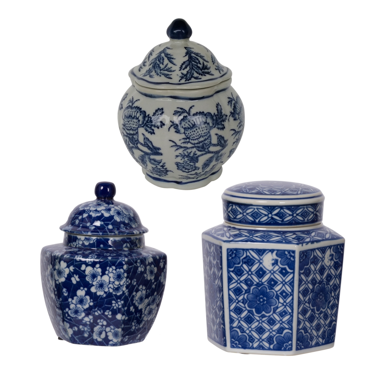 6, 6, 7 Inch Lidded Jars, Persian Inspired Blue Flowers, Curved, Set Of 3- Saltoro Sherpi