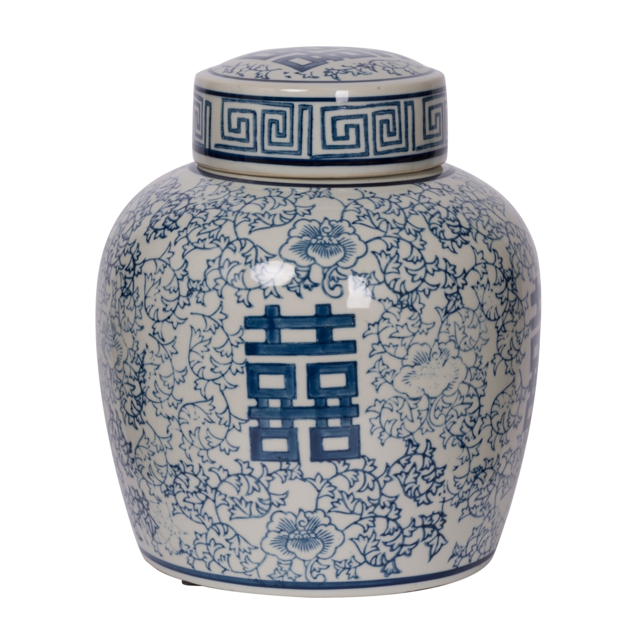 10 Inch Lidded Jar, Curved Round Blue Finished Ceramic, Orchid And Flowers- Saltoro Sherpi