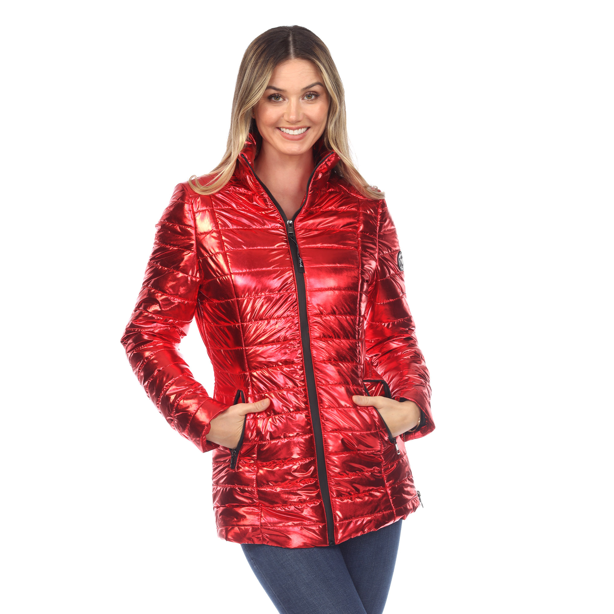 White Mark Womenâs Metallic Puffer Coat - Red, Large
