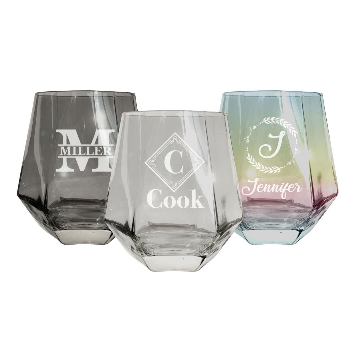 Customizable Monogram 10 Oz Etched Stemless Diamond Shaped Stemless Wine Glass Engraved Personalized With Initial And Name - 2 Pack