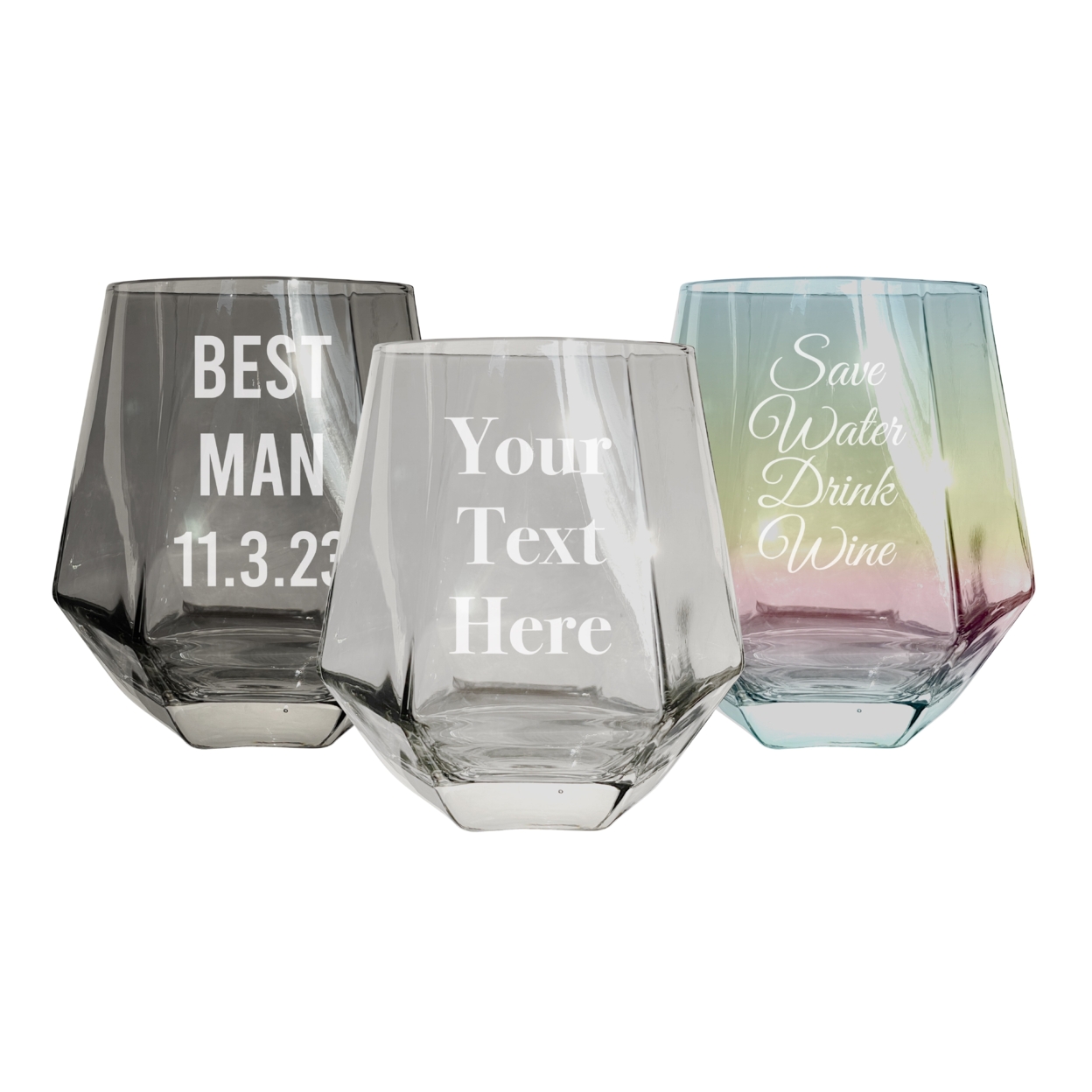 Customizable 10 Oz Etched Stemless Diamond Stemless Wine Glass Engraved Personalized With Message - 2 Pack