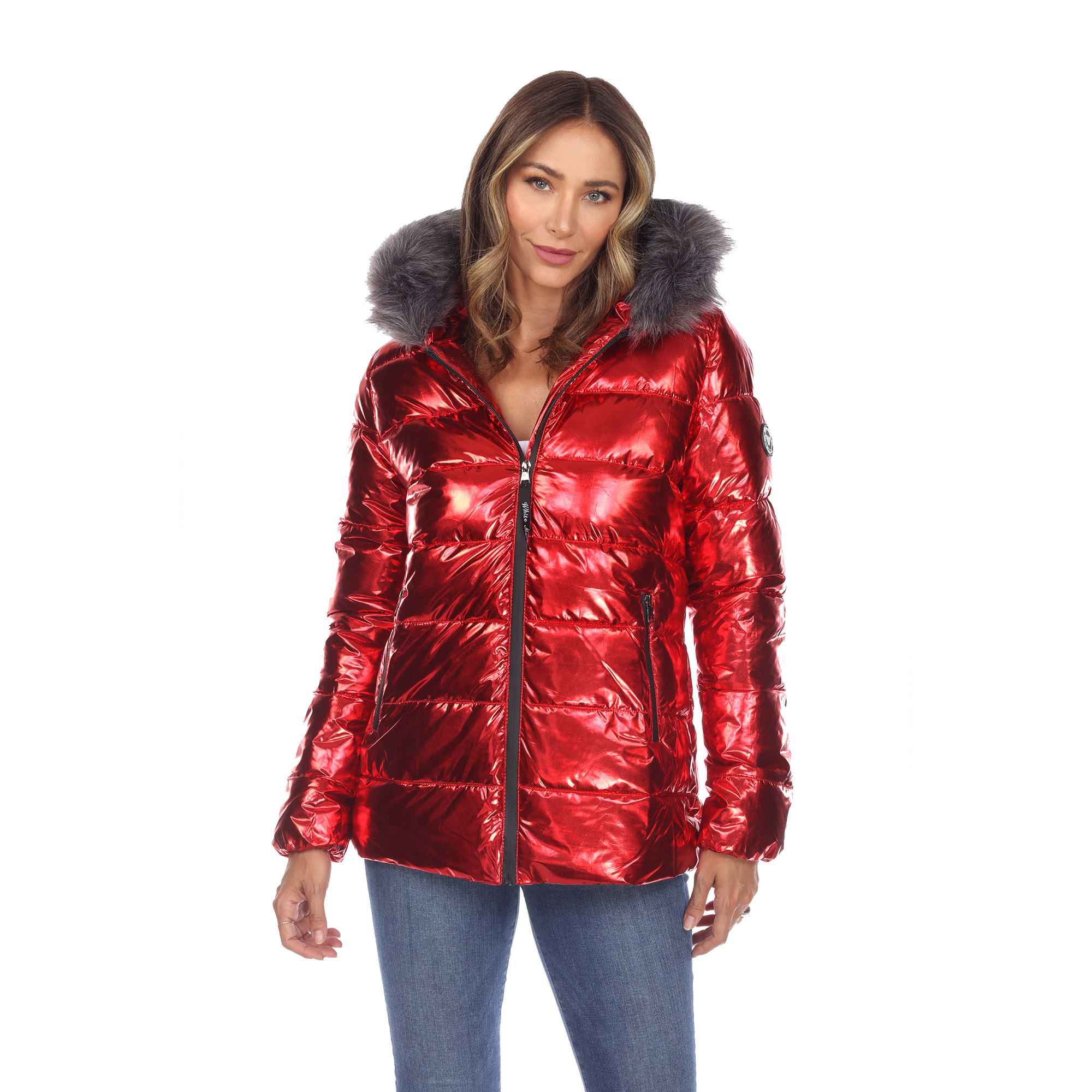 White Mark Womenâs Metallic Puffer Coat With Hoodie - Red, Medium