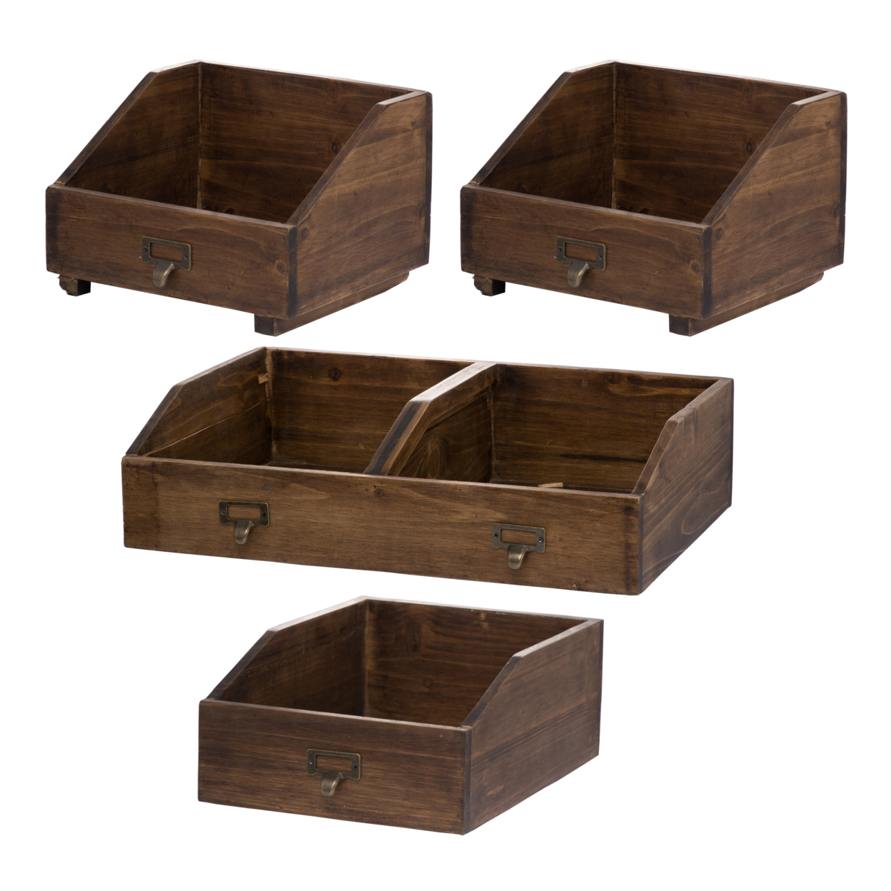 19, 13, 10 Inch Fir Wood Box, Set Of 4 With Metal Handles, Antique Brown- Saltoro Sherpi
