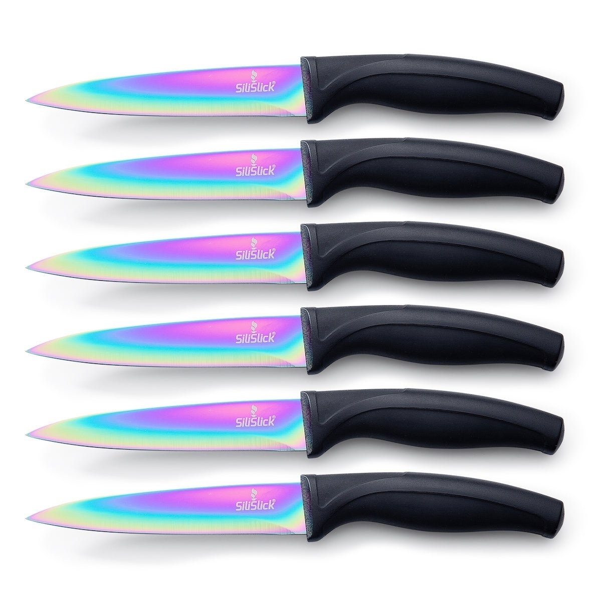SiliSlick Stainless Steel Steak Knife Set Of 6 - Rainbow Iridescent Black Handle - Titanium Coated With Straight Edge For Cutting Meat