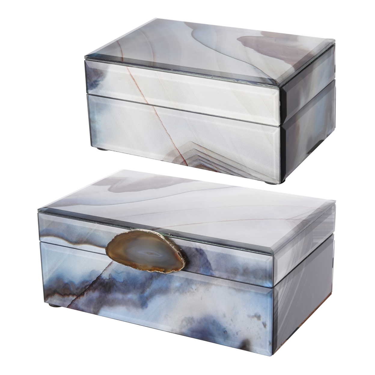 8, 6 Inch Modern Jewelry Box, Blue Silver Marble Effect, Glass And Stone- Saltoro Sherpi