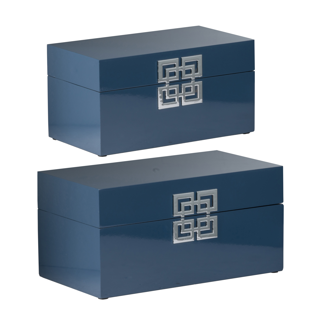 Neo 14, 11 Inch Set Of 2 Decorative Boxes, Geometric Metal Accents, Blue- Saltoro Sherpi
