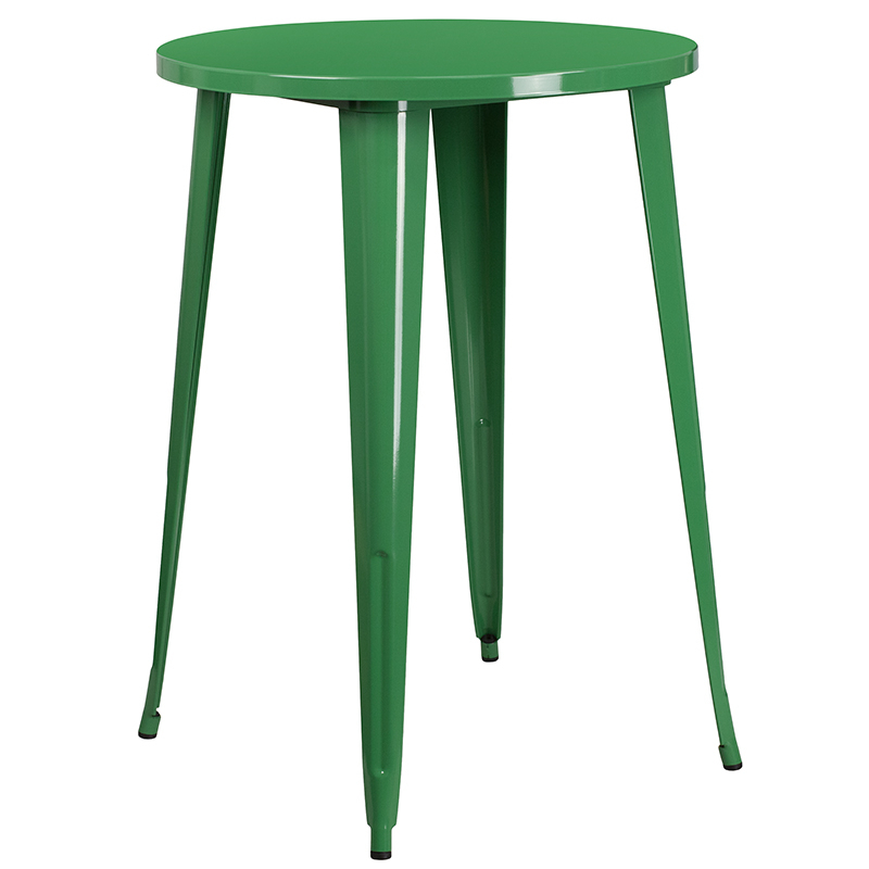 Commercial Grade 30 Round Green Metal Indoor-Outdoor Bar Table Set With 4 Vertical Slat Back Stools