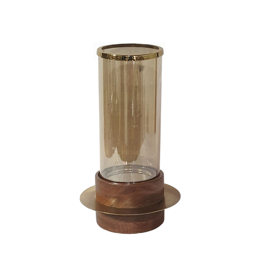 13 Inch Modern Glass Candle Holder, Tall Cylindrical Brown Wood Base- Saltoro Sherpi