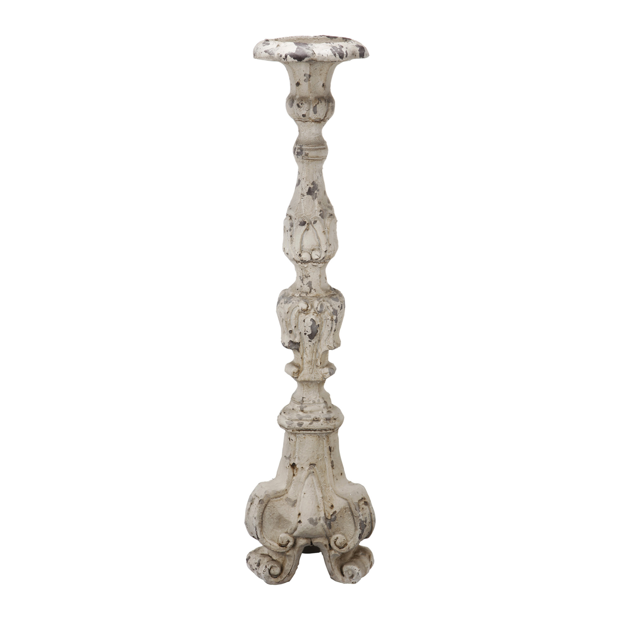 28 Inch Metal Candle Holder, Classical Turned Pedestal, Distressed White- Saltoro Sherpi