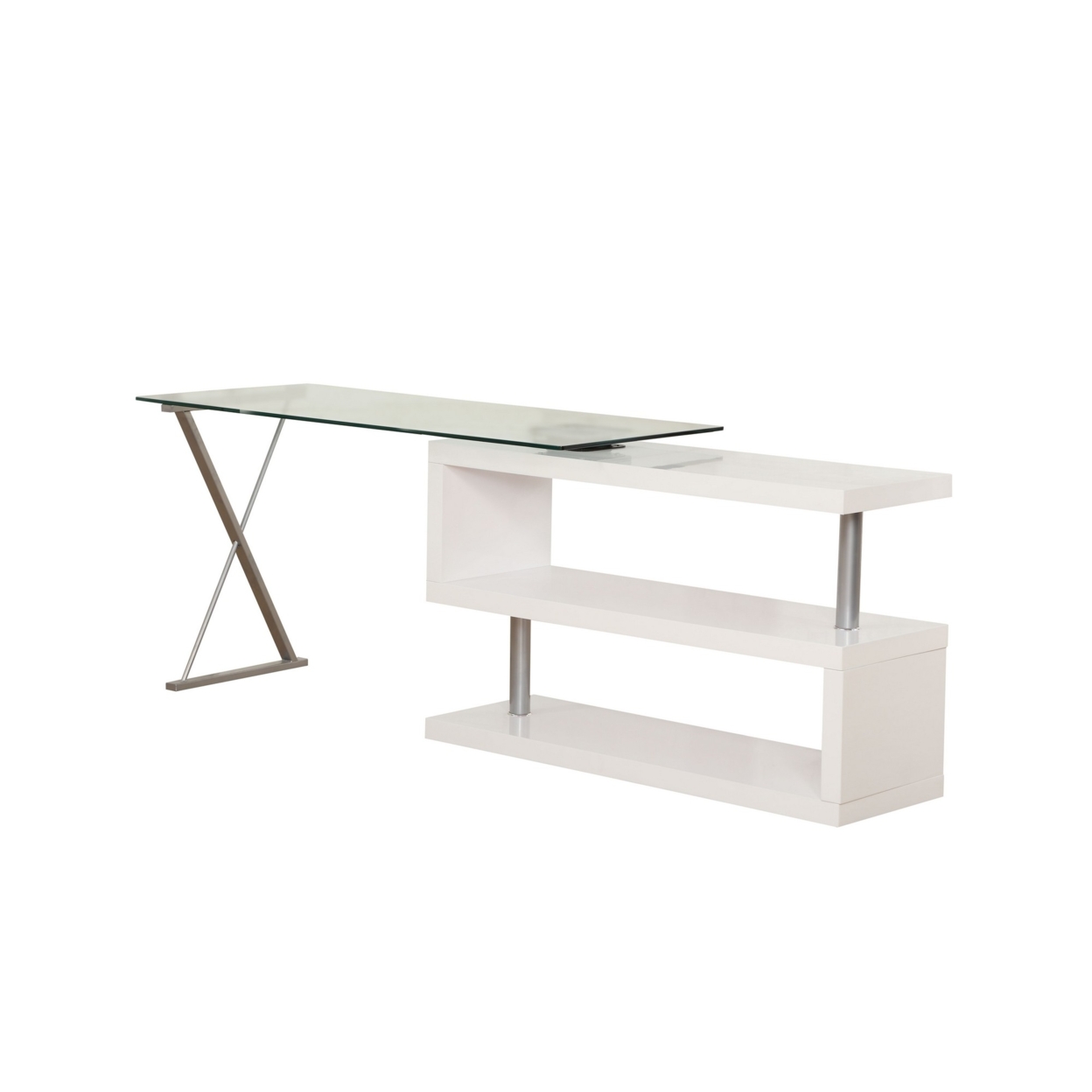 55 Inch Modern Office Desk, Swivel Shelves, Sleek Glass Top, Glossy White- Saltoro Sherpi