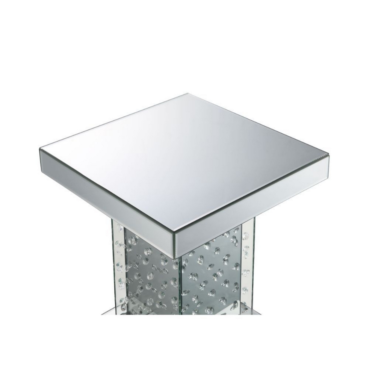 Pali 20 Inch Square Pedestal End Table, Mirrored, Faux Crystal Inlay, Silver- Saltoro Sherpi