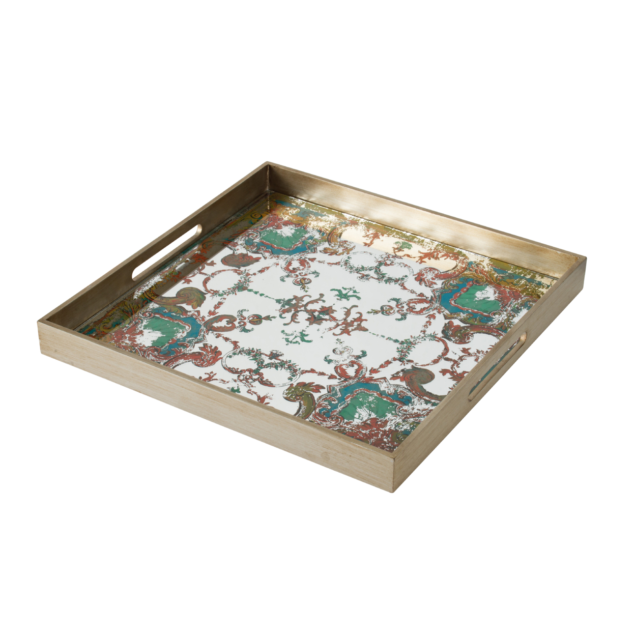 Miki 20 Inch Square Decorative Tray, Artisan Mirrored Damask Pattern, Gold- Saltoro Sherpi
