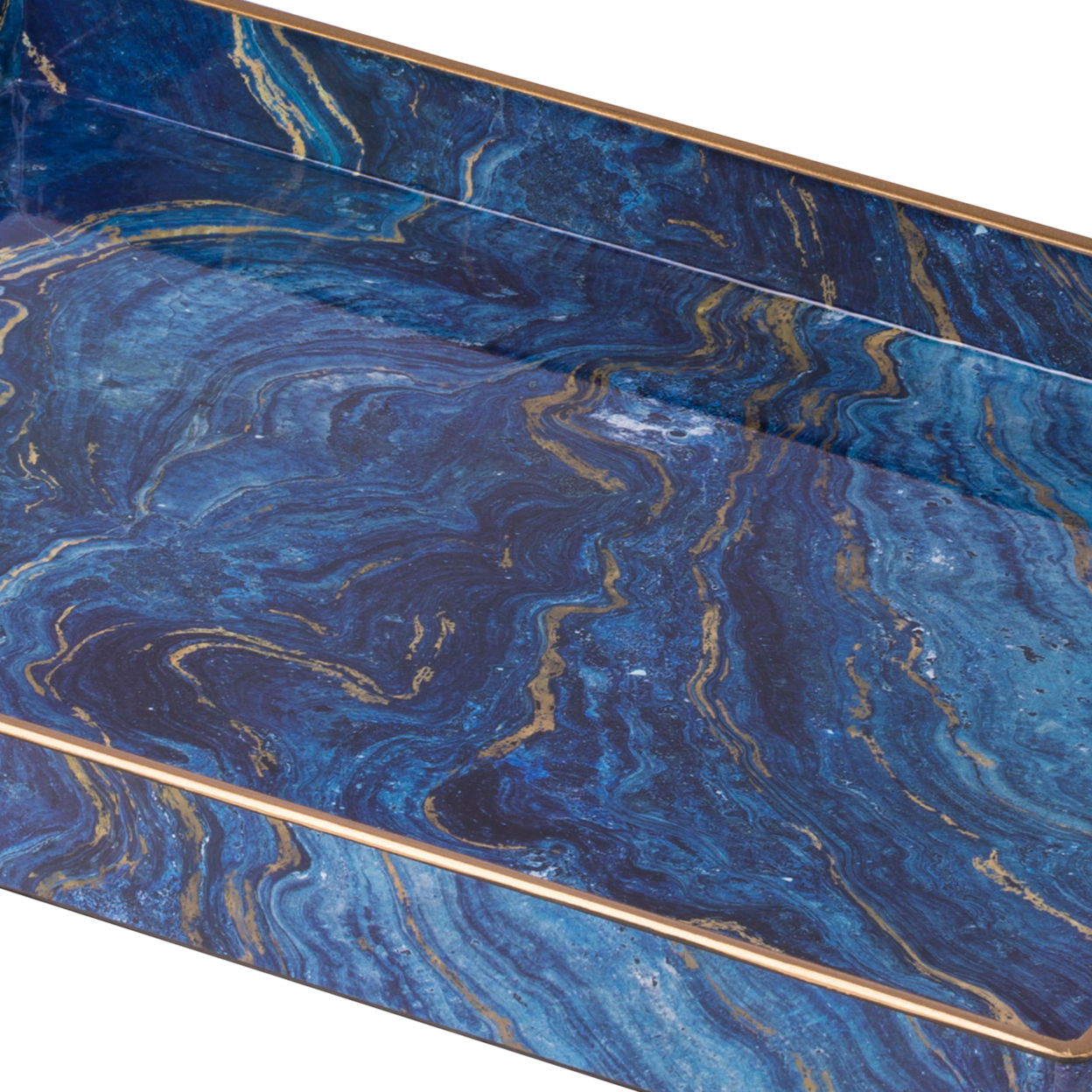 19, 18 Inch Set Of 2 Modern Decorative Trays, Blue Pattern With Gold Rim- Saltoro Sherpi