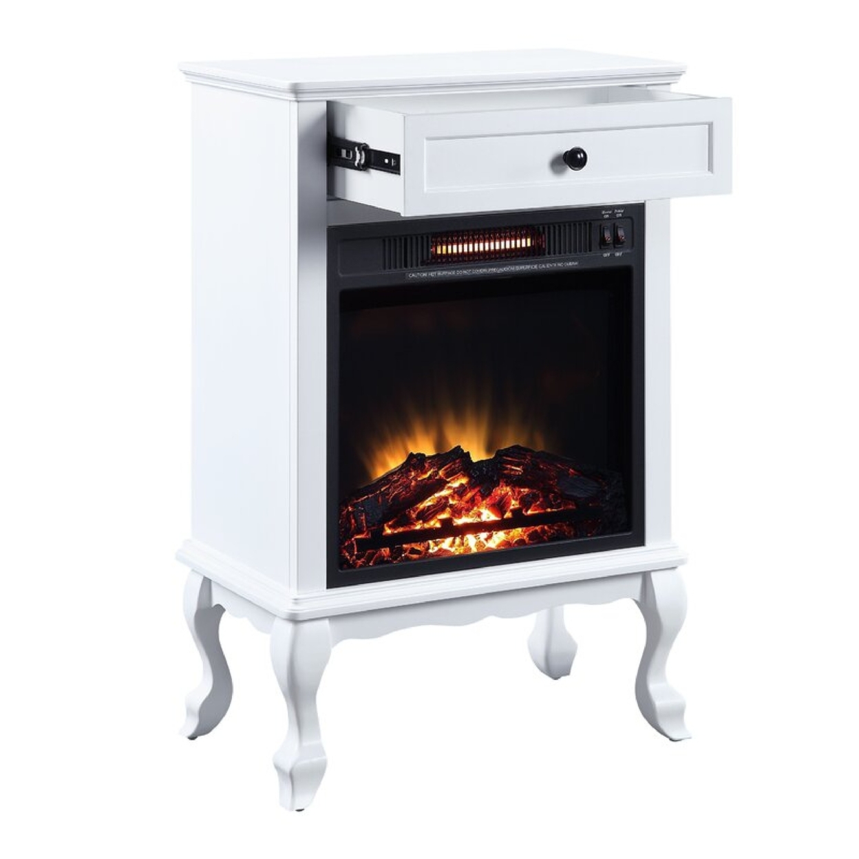 Ryla 34 Inch Wood End Table With LED Electric Fireplace, 1 Drawer, White- Saltoro Sherpi