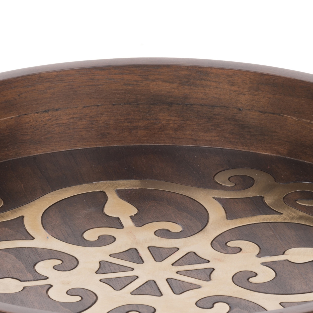18 Inch Round Decorative Tray, Brass Inlaid Design And Brown Wood Frame- Saltoro Sherpi